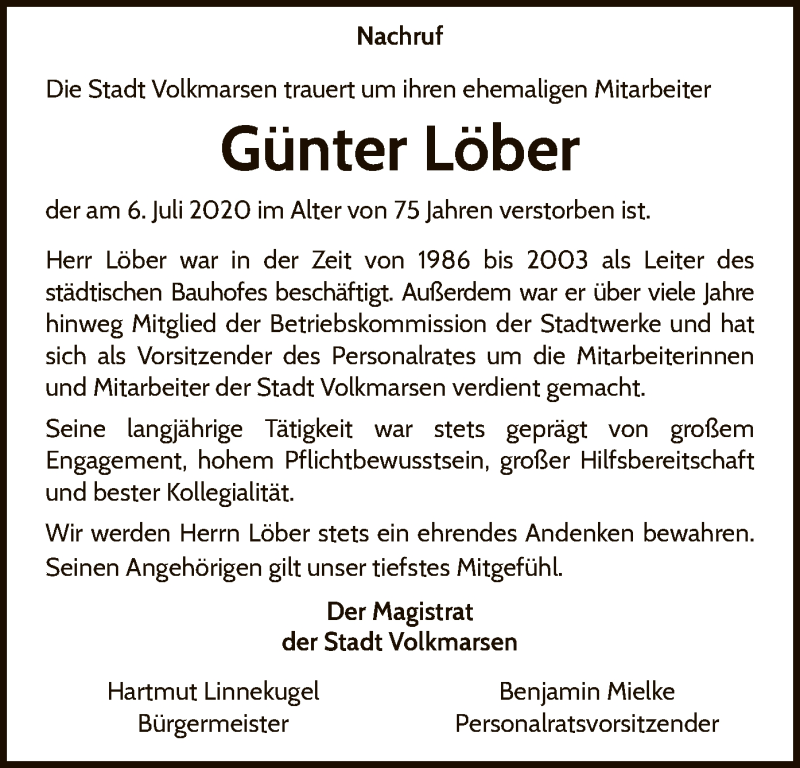  Traueranzeige für Günter Löber vom 10.07.2020 aus WLZ