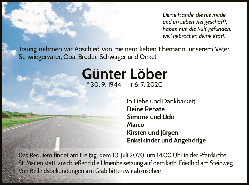  Traueranzeige für Günter Löber vom 08.07.2020 aus WLZ