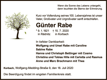 Traueranzeige von Günter Rabe von WLZ