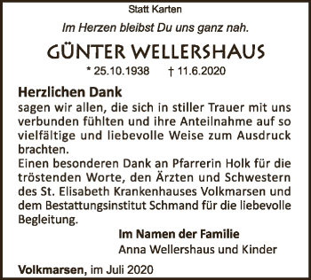 Traueranzeige von Günter Wellershaus von WLZ