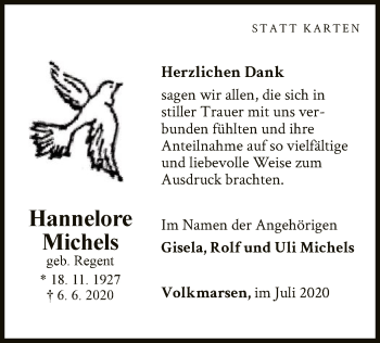 Traueranzeige von Hannelore Michels von WLZ