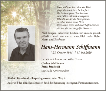 Traueranzeige von Hans-Hermann Schiffmann von WLZ