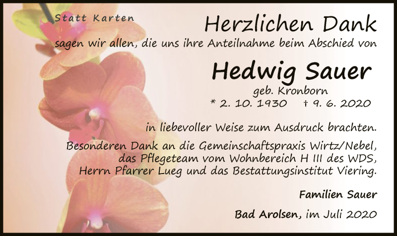  Traueranzeige für Hedwig Sauer vom 11.07.2020 aus WLZ