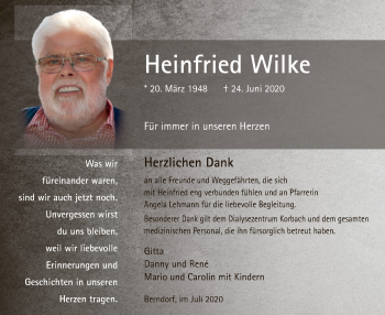 Traueranzeige von Heinfried Wilke von WLZ