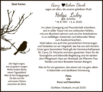 Traueranzeige von Helga Luley von WLZ