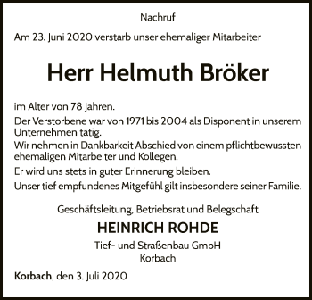 Traueranzeige von Helmuth Bröker von WLZ