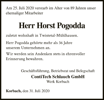 Traueranzeige von Horst Pogodda von WLZ