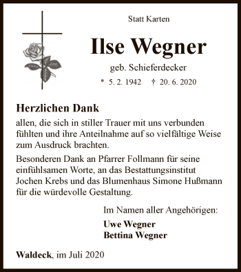 Traueranzeige von Ilse Wegner von WLZ