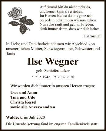 Traueranzeige von Ilse Wegner von WLZ