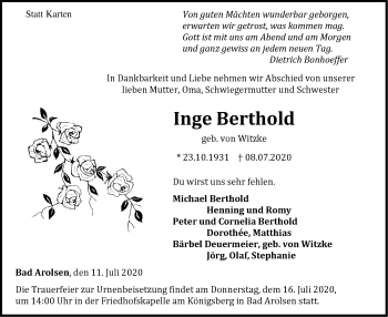 Traueranzeige von Inge Berthold von WLZ