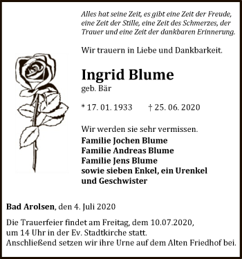 Traueranzeige von Ingrid Blume von WLZ