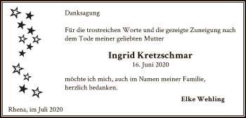 Traueranzeige von Ingrid Kretzschmar von WLZ