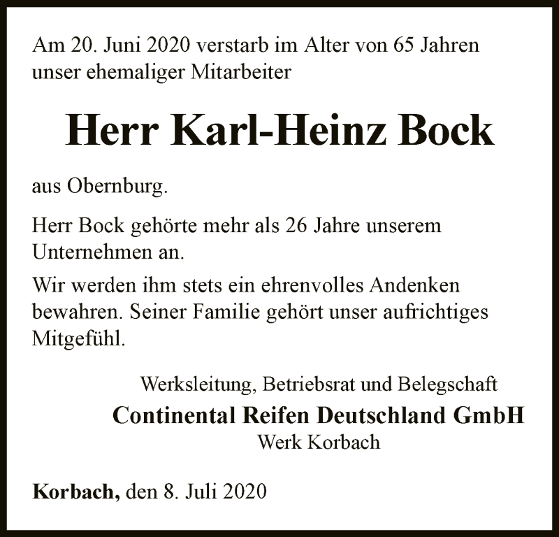  Traueranzeige für Karl-Heinz Bock vom 08.07.2020 aus WLZ