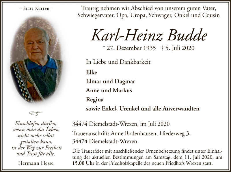  Traueranzeige für Karl-Heinz Budde vom 08.07.2020 aus WLZ