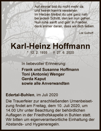 Traueranzeige von Karl-Heinz Hoffmann von WLZ