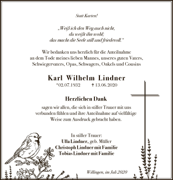 Traueranzeige von Karl Wilhelm Lindner von WLZ