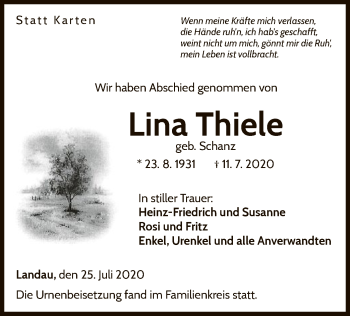 Traueranzeige von Lina Thiele von WLZ