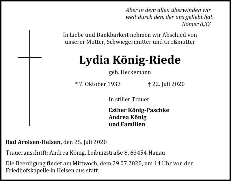  Traueranzeige für Lydia König-Riede vom 25.07.2020 aus WLZ