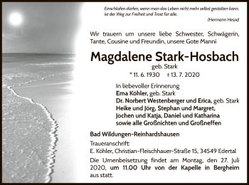 Traueranzeige von Magdalene  Stark-Hosbach von WLZ