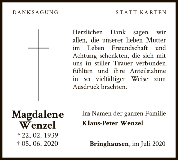 Traueranzeige von Magdalene Wenzel von WLZ