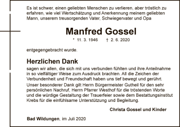 Traueranzeige von Manfred Gossel von WLZ