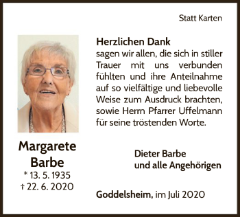 Traueranzeige von Margarete Barbe von WLZ