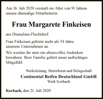 Traueranzeige von Margarete Finkeisen von WLZ