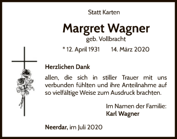 Traueranzeige von Margret Wagner von WLZ