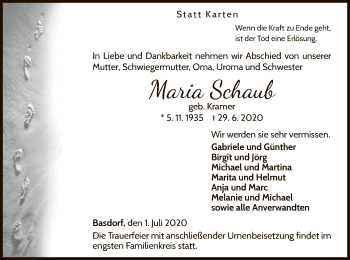 Traueranzeige von Maria Schaub von WLZ