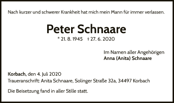 Traueranzeige von Peter Schnaare von WLZ