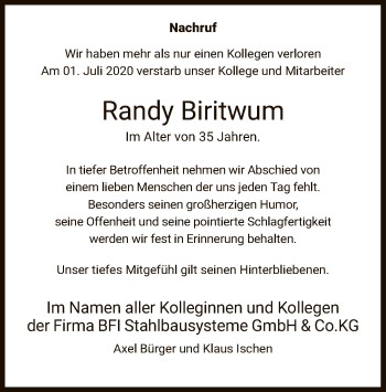 Traueranzeige von Randy Biritwum von WLZ