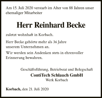 Traueranzeige von Reinhard Becke von WLZ