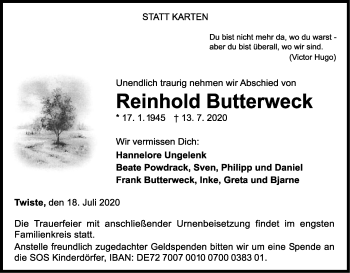 Traueranzeige von Reinhold Butterweck von WLZ