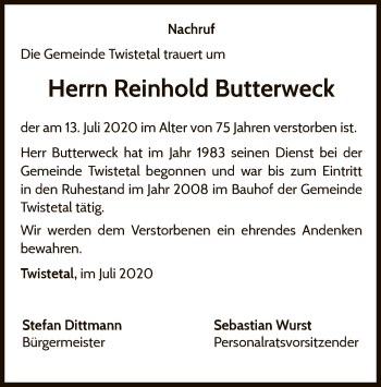 Traueranzeige von Reinhold Butterweck von WLZ