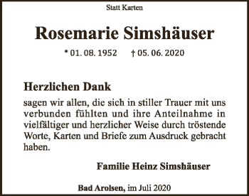 Traueranzeige von Rosemarie Simshäuser von WLZ