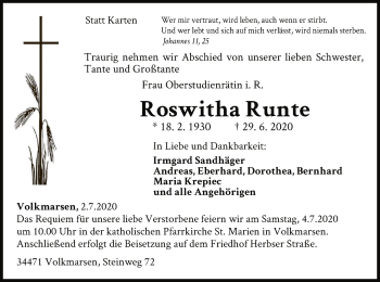 Traueranzeige von Roswitha Runte von WLZ