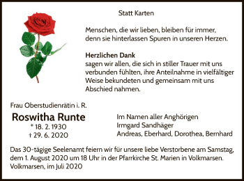 Traueranzeige von Roswitha Runte von WLZ