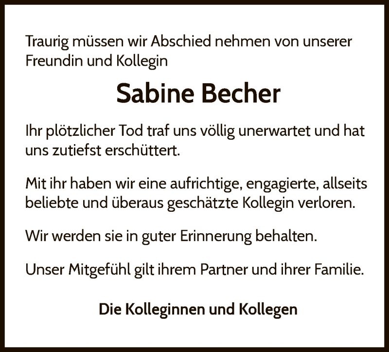  Traueranzeige für Sabine Becher vom 18.07.2020 aus WLZ