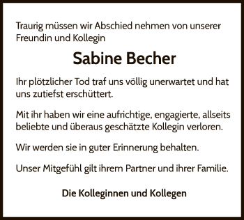 Traueranzeige von Sabine Becher von WLZ