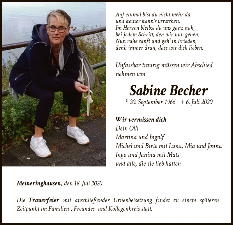  Traueranzeige für Sabine Becher vom 18.07.2020 aus WLZ
