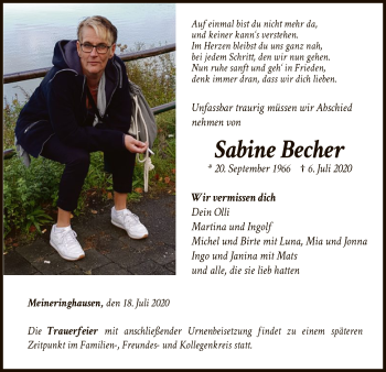 Traueranzeige von Sabine Becher von WLZ