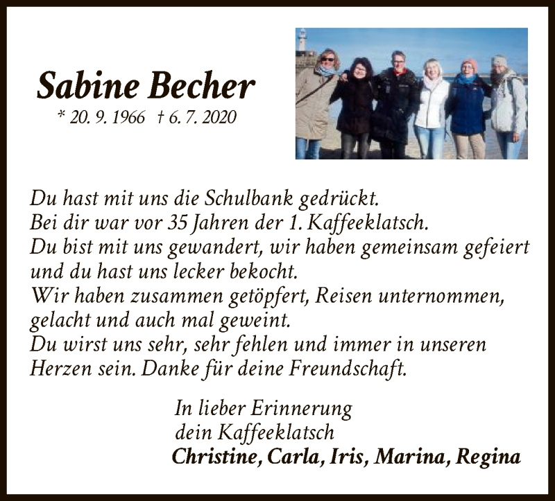  Traueranzeige für Sabine Becher vom 25.07.2020 aus WLZ