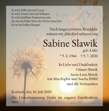 Traueranzeige von Sabine Slawik von WLZ