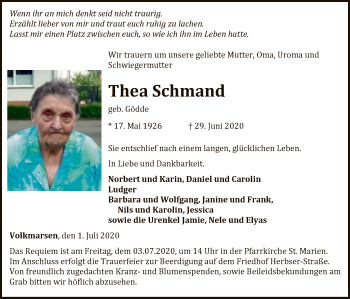 Traueranzeige von Thea Schmand von WLZ