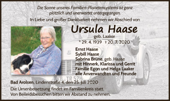 Traueranzeige von Ursula Haase von WLZ
