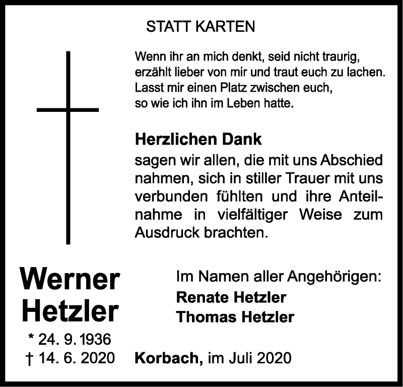  Traueranzeige für Werner Hetzler vom 18.07.2020 aus WLZ
