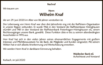 Traueranzeige von Wilhelm Knaf von WLZ