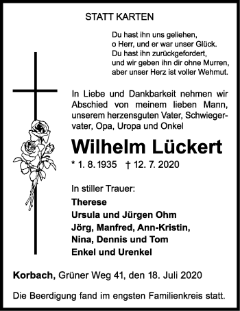 Traueranzeige von Wilhelm Lückert von WLZ