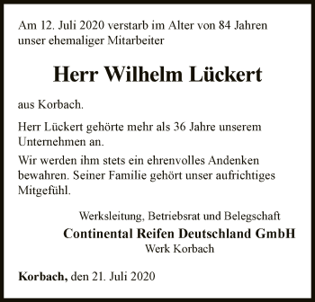 Traueranzeige von Wilhelm Lückert von WLZ