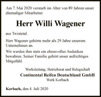 Traueranzeige von Willi Wagener von WLZ
